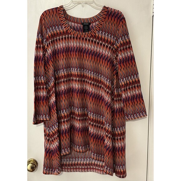 Women's Premise  2XL Top Multi Color Orange Geo Pattern 3/4 Sleeve Point Hem - Picture 2 of 13